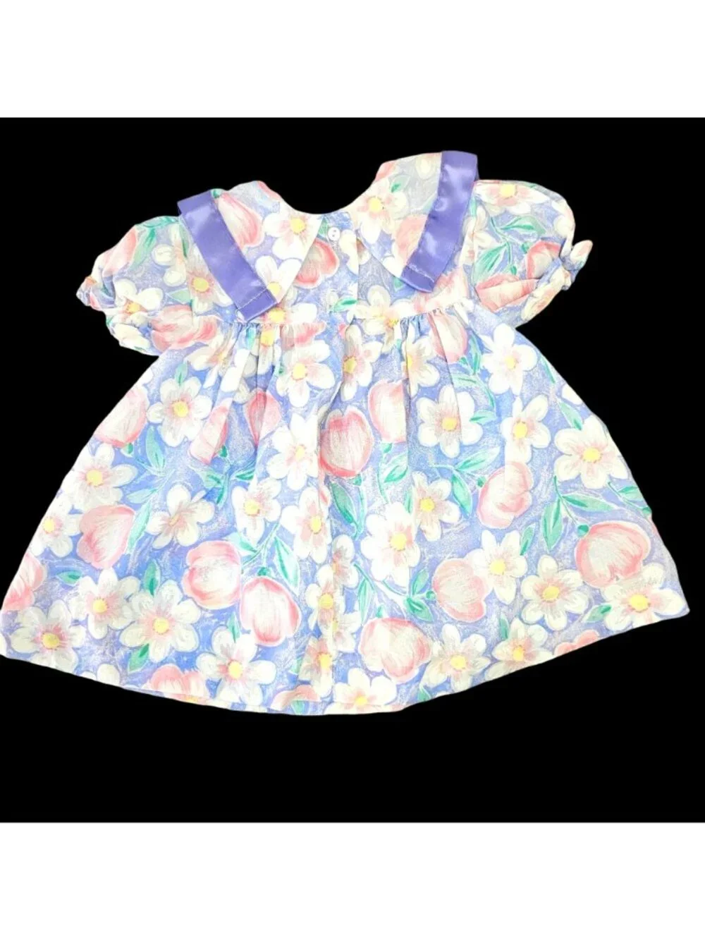 Vintage 60s Cutest One Baby Girl Dress 12M Pastel Floral Puff Sleeve Bow Sash